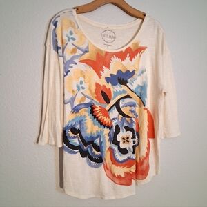 Lucky Brand Thin Cream Artistic Printed Blouse Large